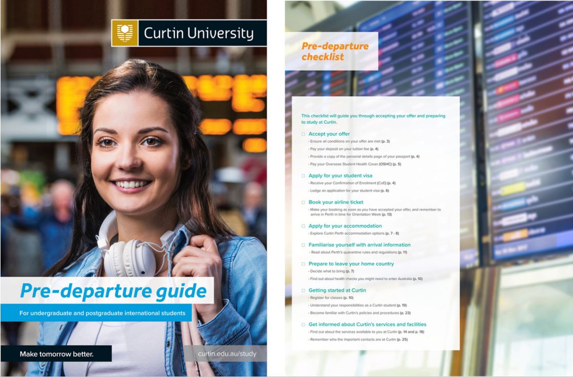 Cover of the guide has a headshot of female with headphones and backpack at airport terminal.