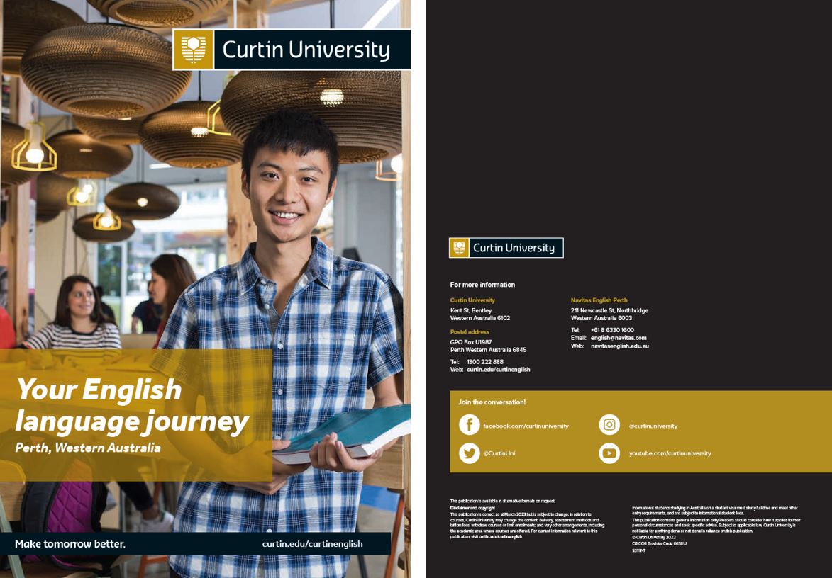 Preview of spread from brochure, image of student and diagram of Curtin English pathway