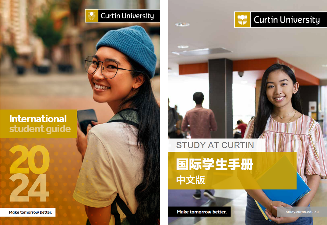 Image one is the cover of the international student guide with an Asian female talent holding a laptop over a yellow graphic background. Image two is the cover of Chinese version of the student guide with Asian female talent standing in a library holding textbooks.