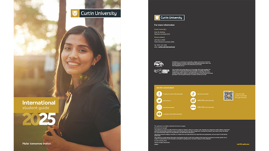 Image one is the cover of the international student guide with an Asian female talent holding a laptop over a yellow graphic background. Image two is the cover of Chinese version of the student guide with Asian female talent standing in a library holding textbooks.