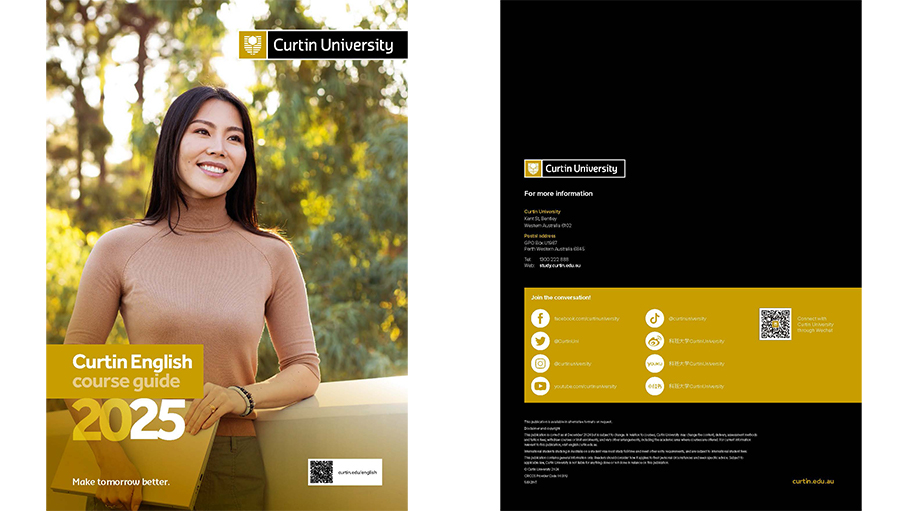 Image one is a cover of Curtin English guide with female student standing.