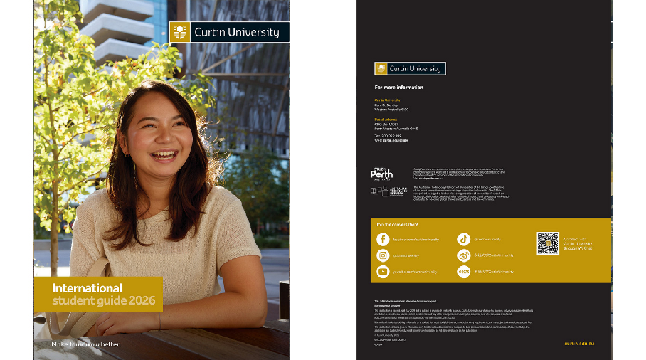 Image one is the cover of the international student guide with an Asian female talent holding a laptop over a yellow graphic background. Image two is the cover of Chinese version of the student guide with Asian female talent standing in a library holding textbooks.
