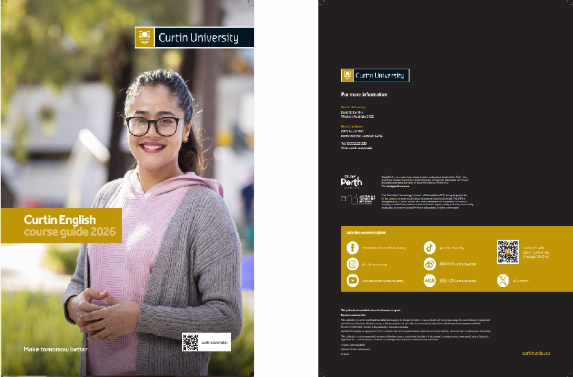 Image one is a cover of Curtin English guide with female student standing.