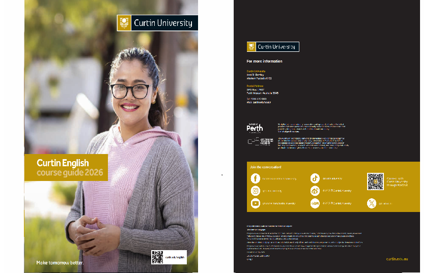 Image one is a cover of Curtin English guide with female student standing.